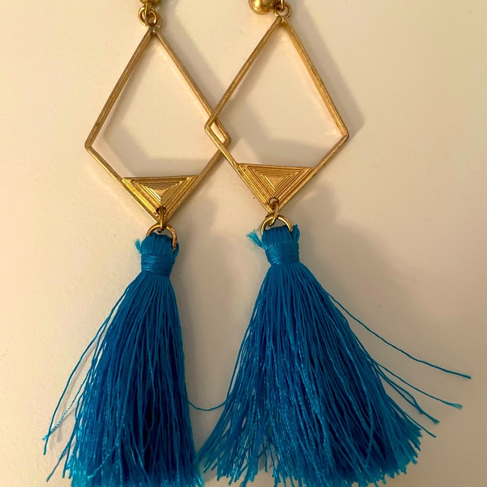 Gold Drop Diamond Earrings with Royal Blue Tassels